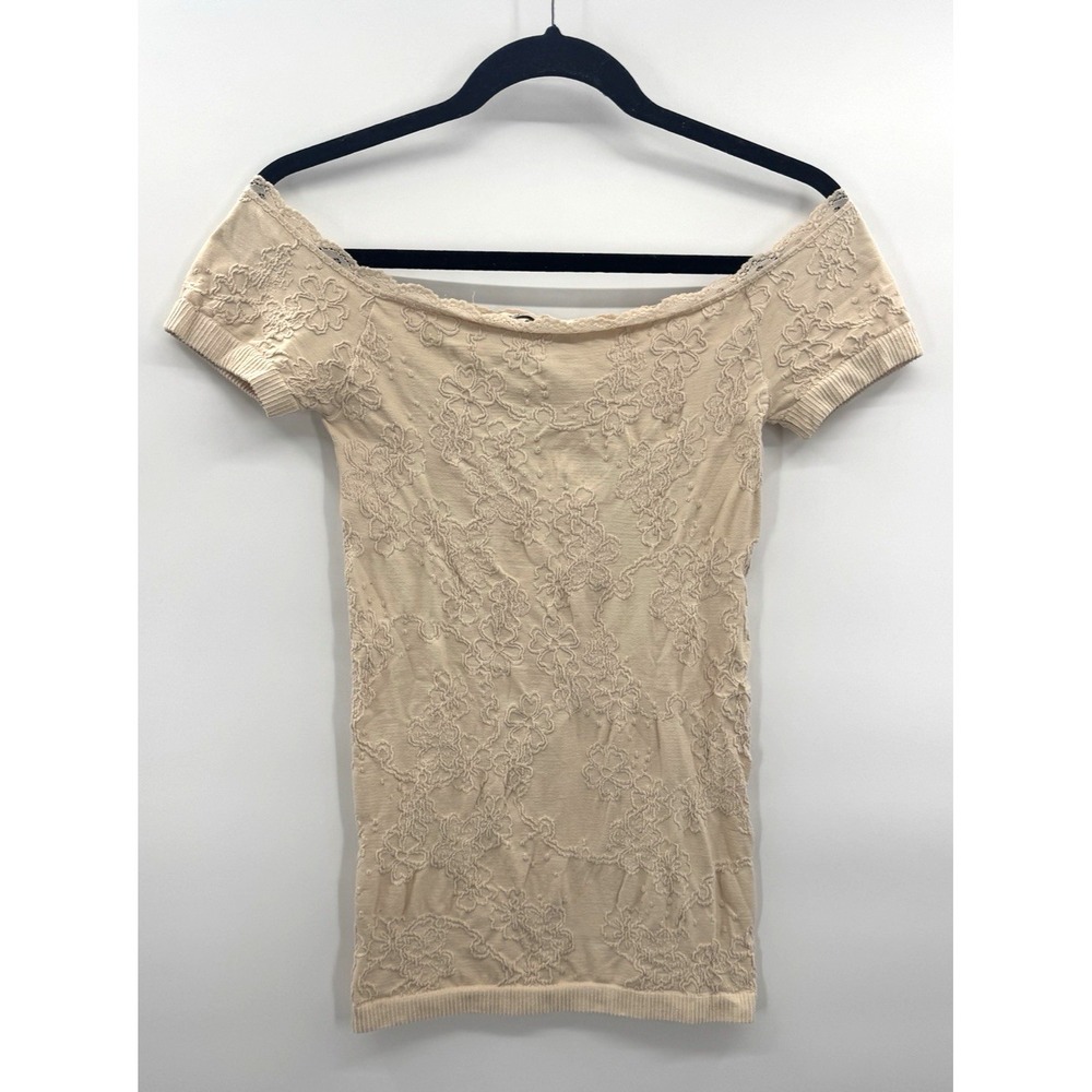 VTG Y2K Off Shoulder Top Medium Nude Stretch Textured Floral Lace Cottage Boho